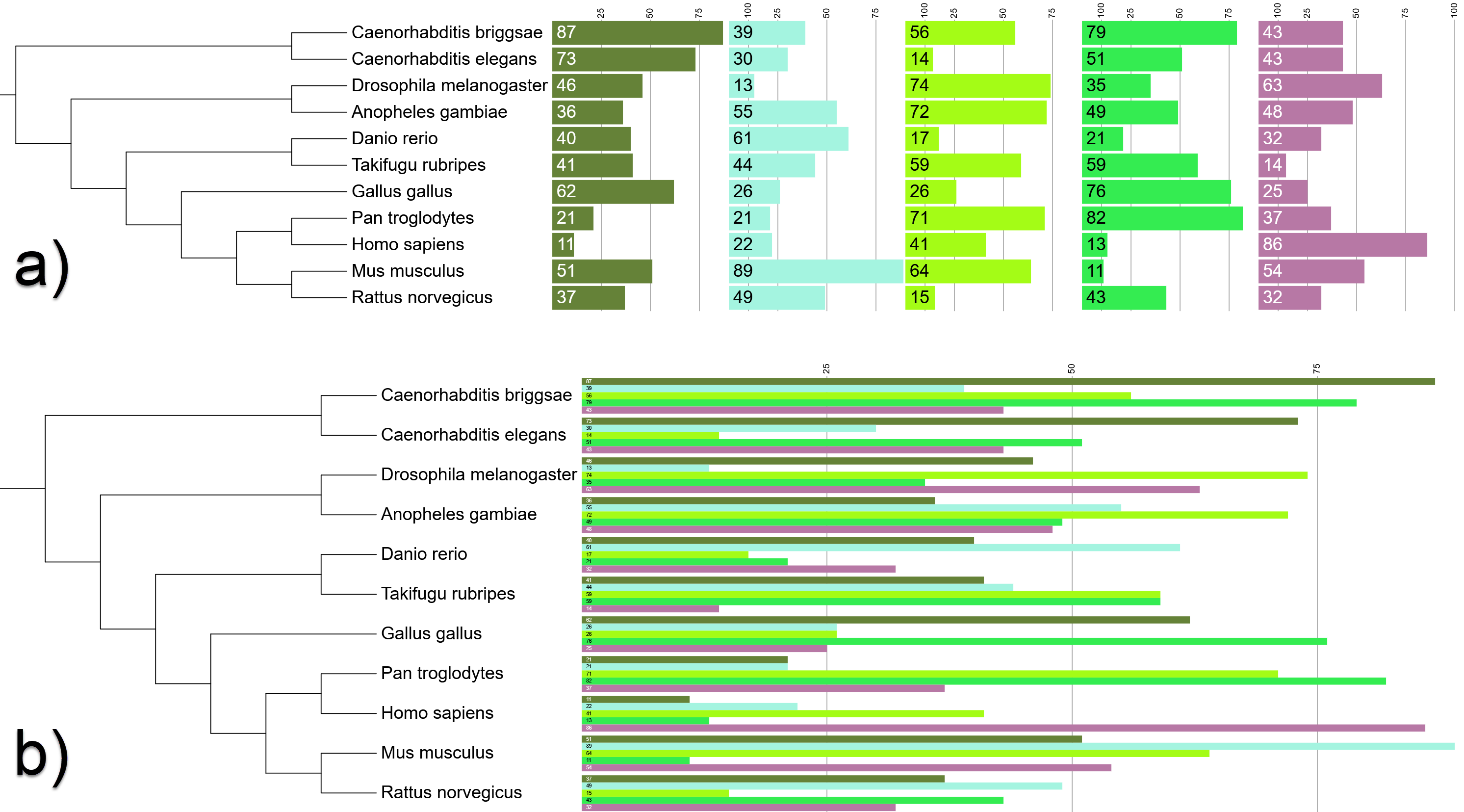 5 value bar chart dataset with (a) aligned and (b) side stacked fields